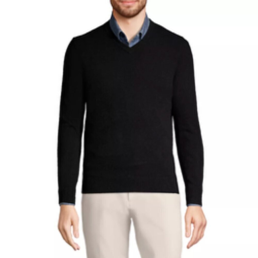 LANDS END 100% Cashmere V Neck Sweater Black Medium